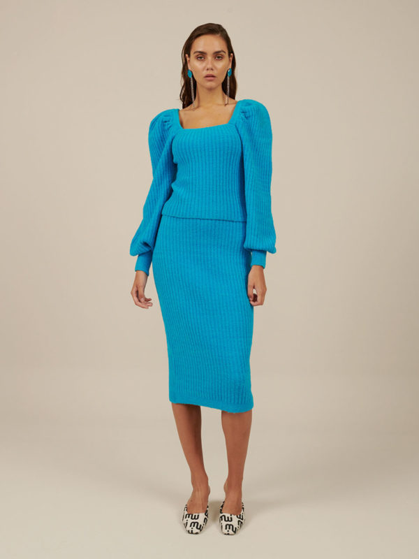 Milkwhite Knit Pencil Skirt Blue